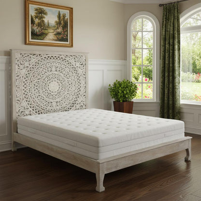Gray Carved Floral Distressed Solid Wood King Bed
