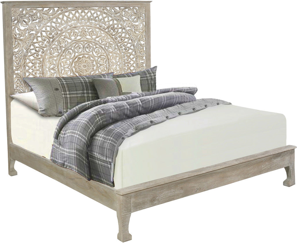 Gray Carved Floral Distressed Solid Wood King Bed