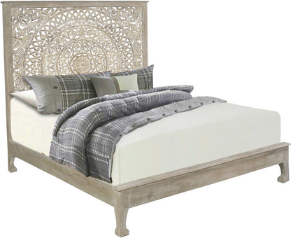 Gray Carved Floral Distressed Solid Wood King Bed