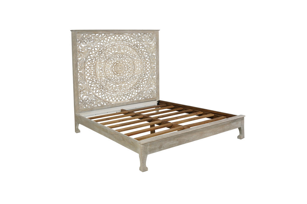Gray Carved Floral Distressed Solid Wood King Bed