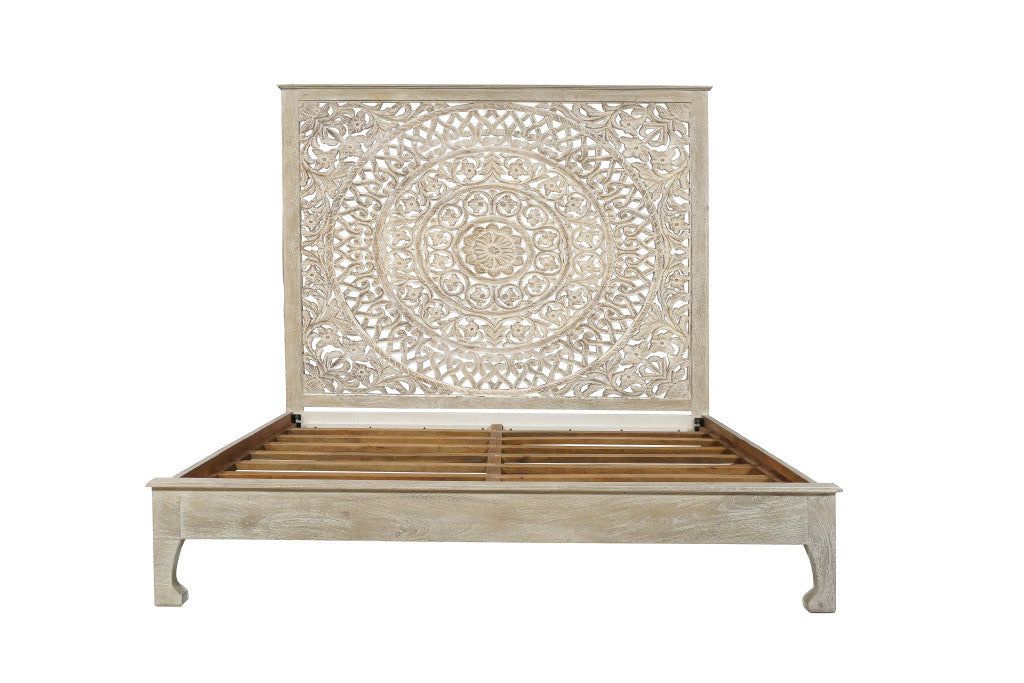 Gray Carved Floral Distressed Solid Wood King Bed