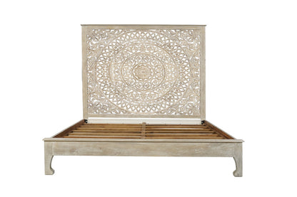 Gray Carved Floral Distressed Solid Wood King Bed