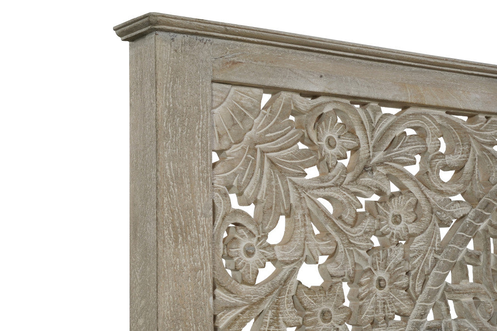 Gray Carved Floral Distressed Solid Wood King Bed