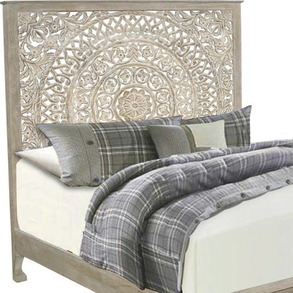 Gray Carved Floral Distressed Solid Wood King Bed