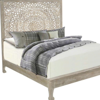 Gray Carved Floral Distressed Solid Wood King Bed