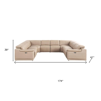 Beige Leather Power U Shaped 8 Piece Sectional