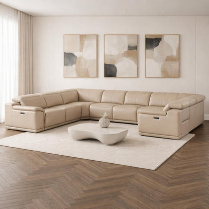 Beige Leather Power U Shaped 8 Piece Sectional