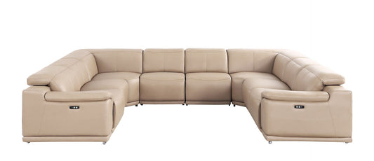Beige Leather Power U Shaped 8 Piece Sectional