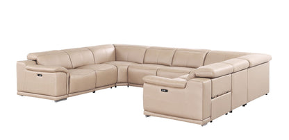 Beige Leather Power U Shaped 8 Piece Sectional