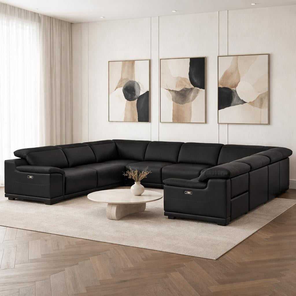 Black Leather Power U Shaped 8 Piece Sectional