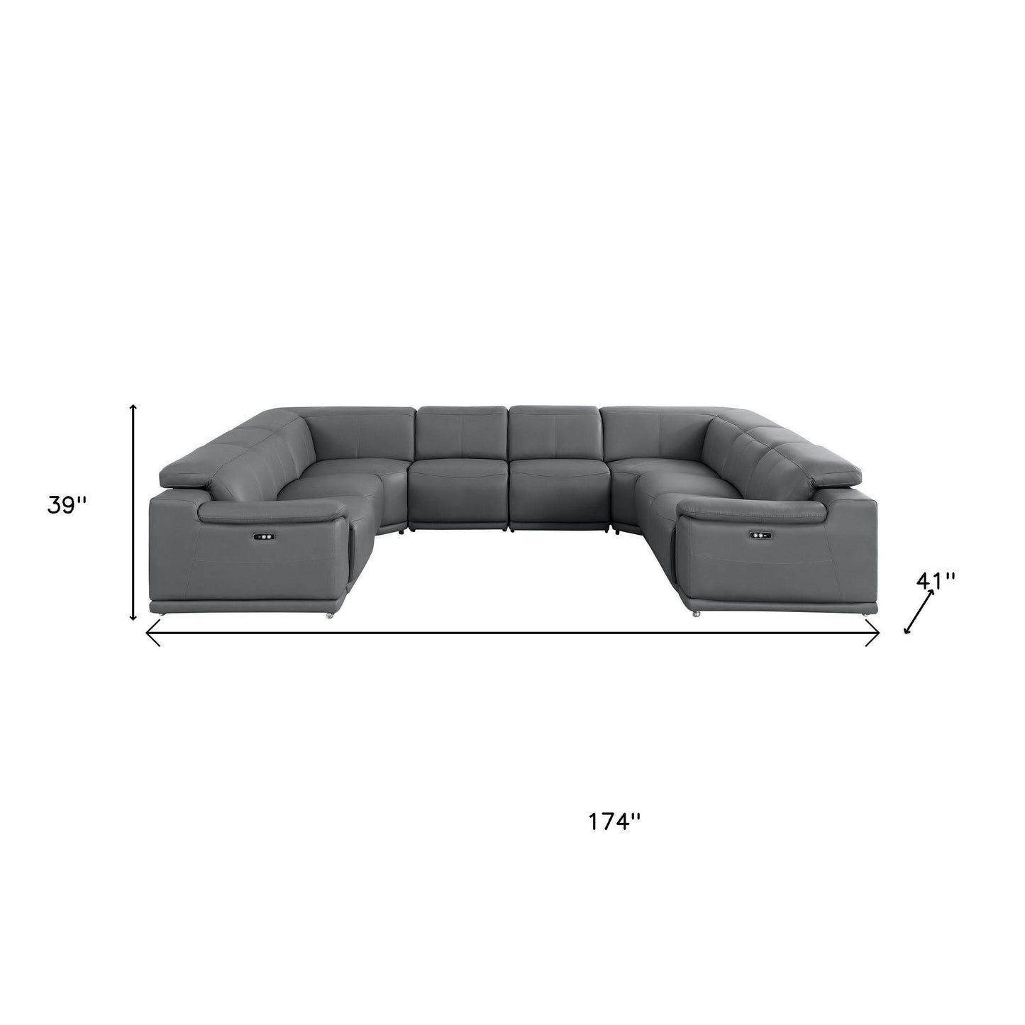 Battleship Gray Leather Power U Shaped 8 Piece Sectional
