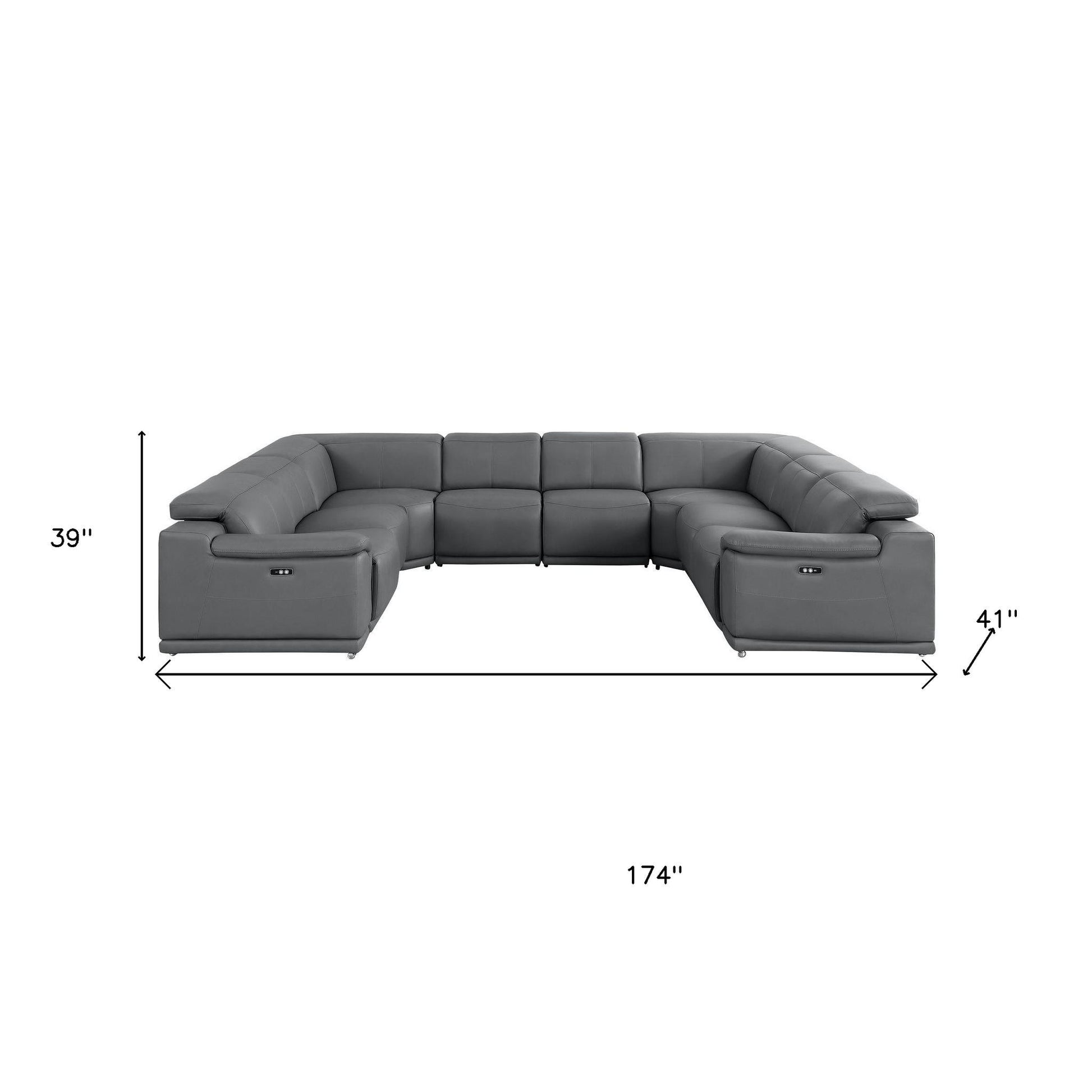 Battleship Gray Leather Power U Shaped 8 Piece Sectional
