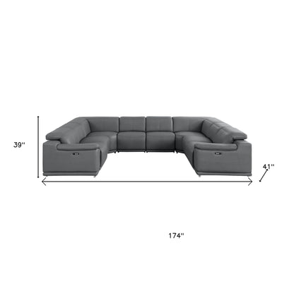 Battleship Gray Leather Power U Shaped 8 Piece Sectional