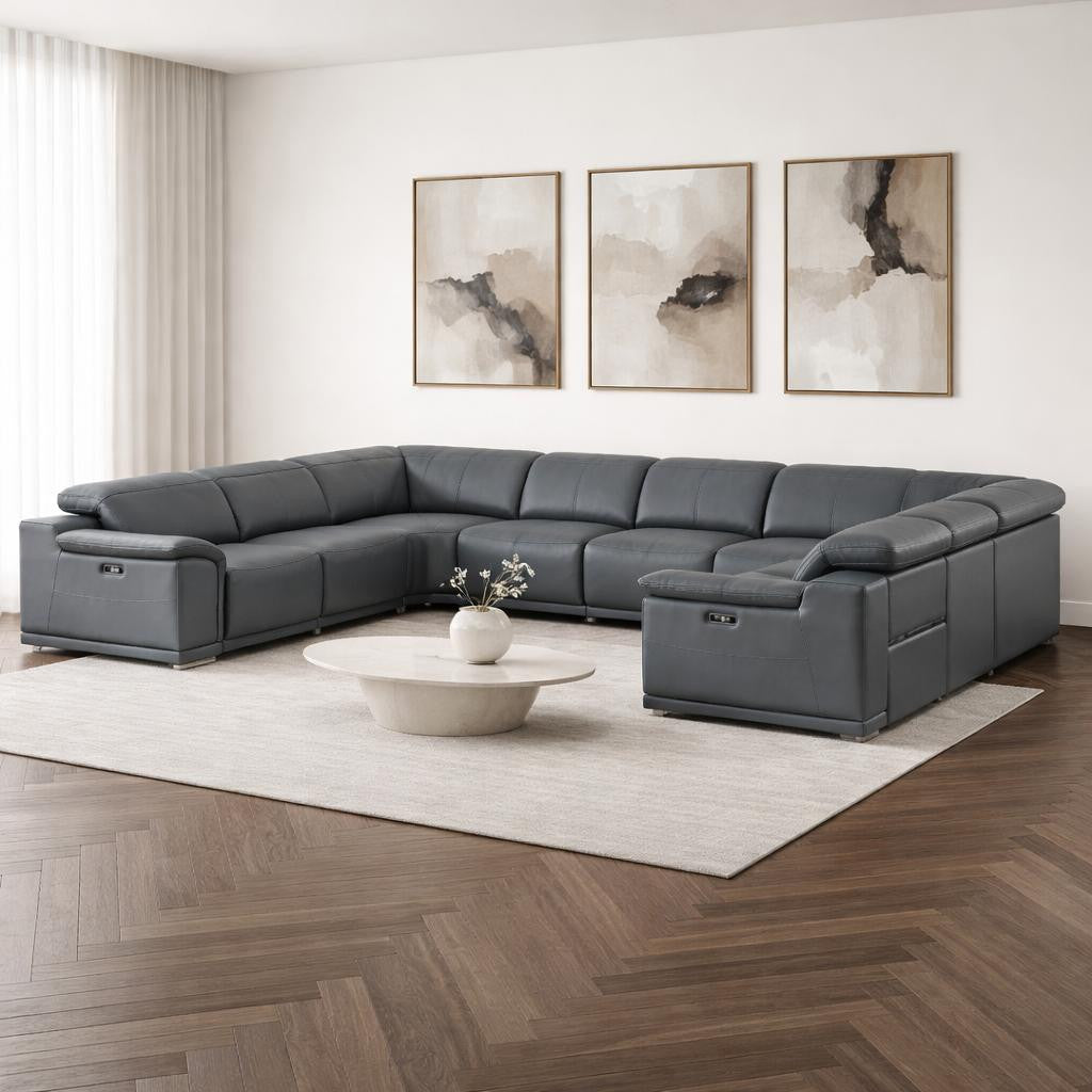 Battleship Gray Leather Power U Shaped 8 Piece Sectional