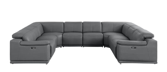 Battleship Gray Leather Power U Shaped 8 Piece Sectional