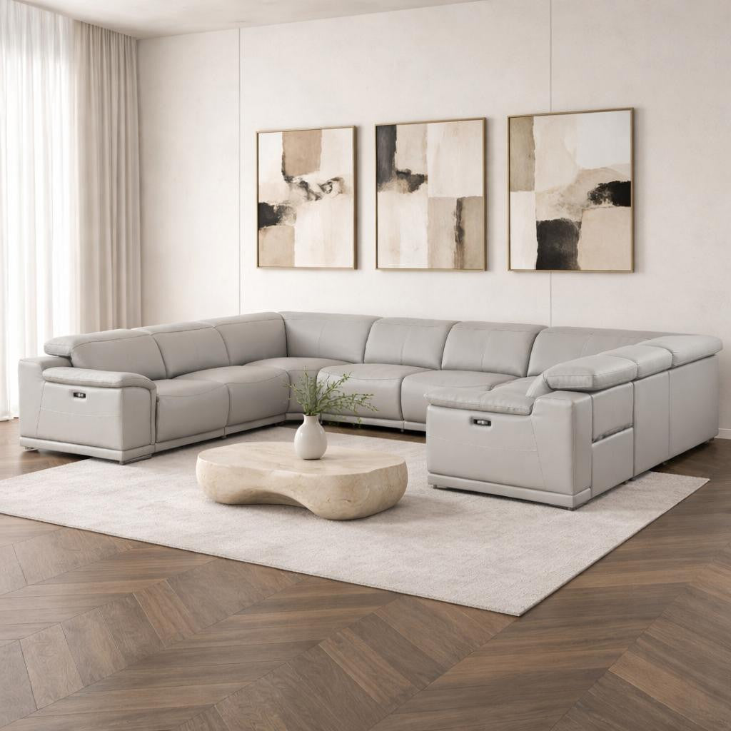Ash Gray Leather Power U Shaped 8 Piece Sectional