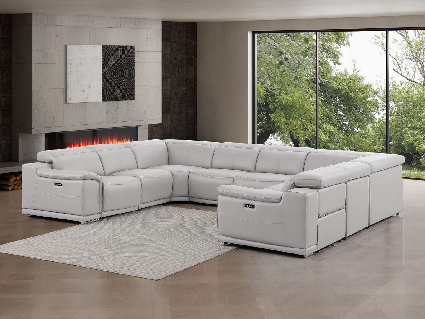 Ash Gray Leather Power U Shaped 8 Piece Sectional