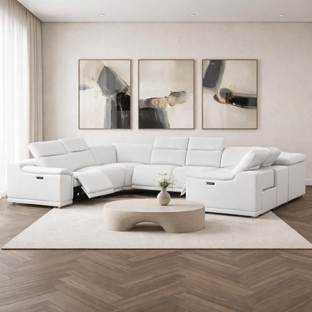 White Leather Power U Shaped 8 Piece Sectional