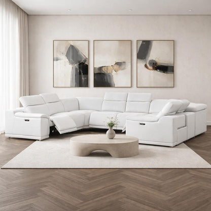 White Leather Power U Shaped 8 Piece Sectional