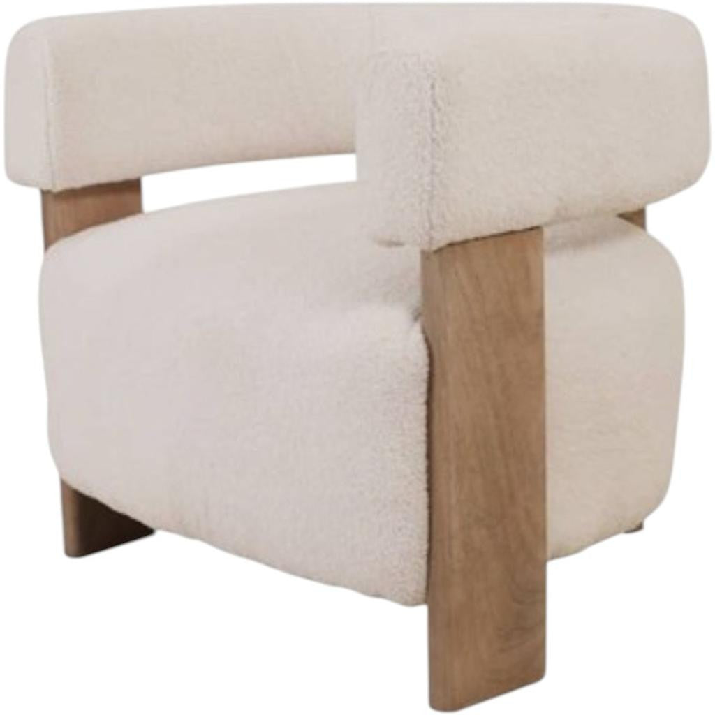 White & Brown Boucle & Solid Wood Arm Chair