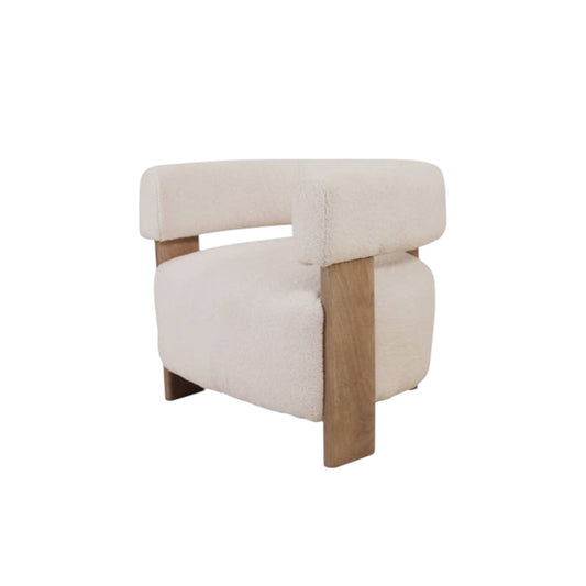 White & Brown Boucle & Solid Wood Arm Chair