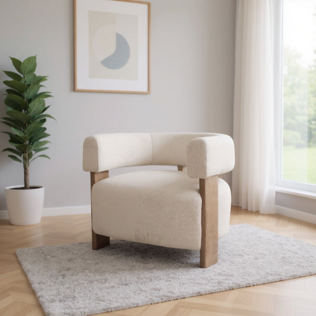 White & Brown Boucle & Solid Wood Arm Chair