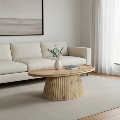 Light Brown Solid Wood Oval Pedestal Coffee Table image 1