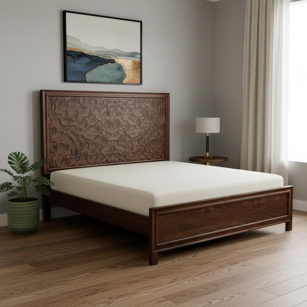 Brown Carved Abstract Solid Wood King Bed