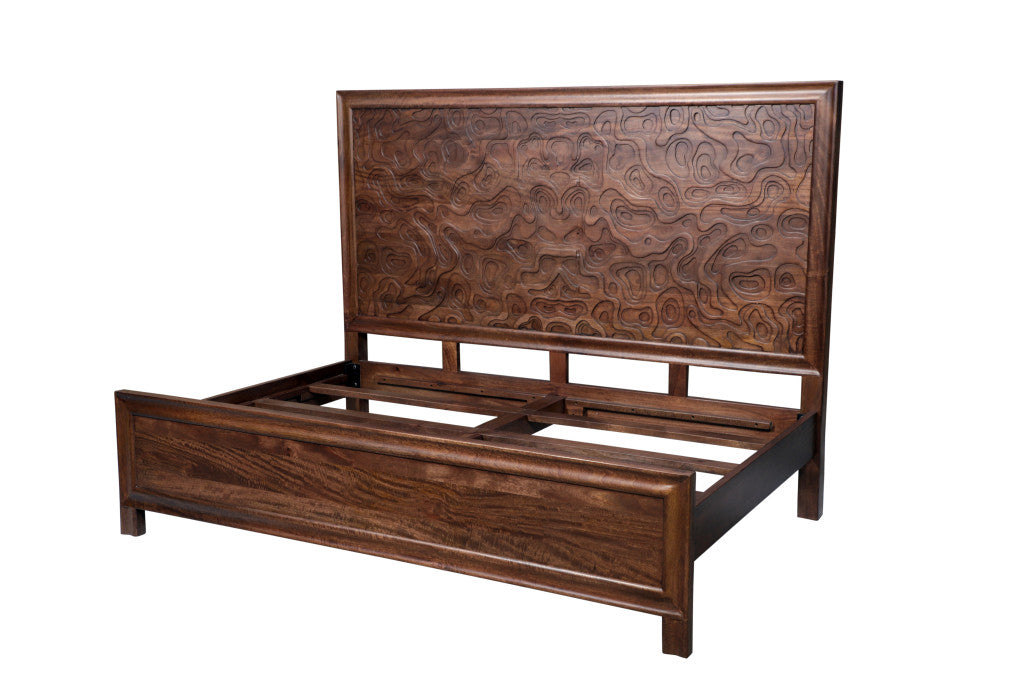 Brown Carved Abstract Solid Wood King Bed