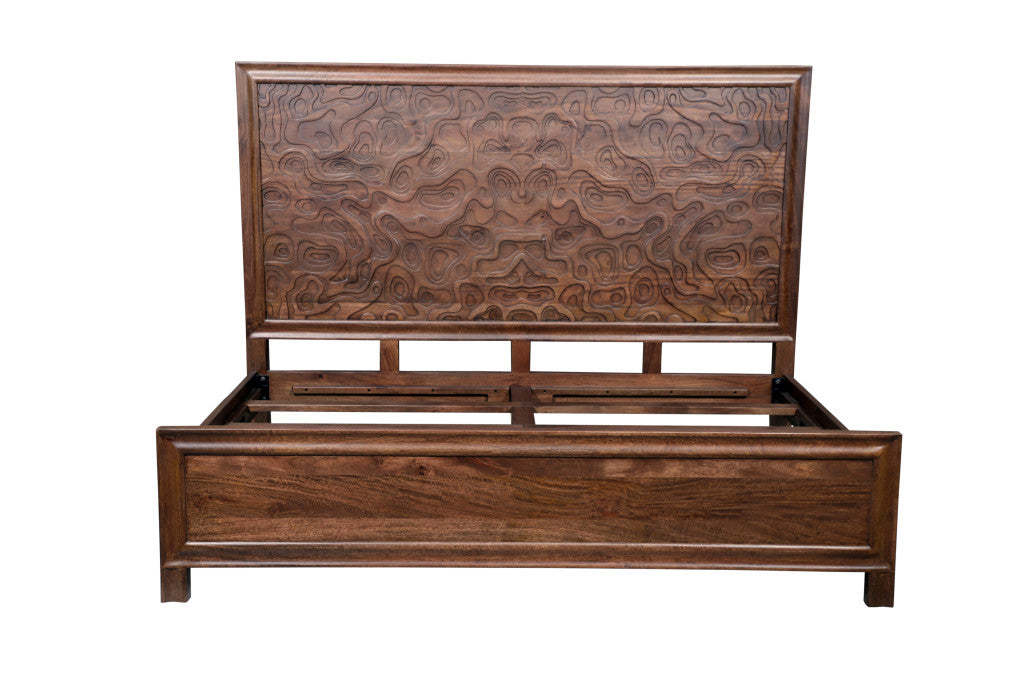 Brown Carved Abstract Solid Wood King Bed
