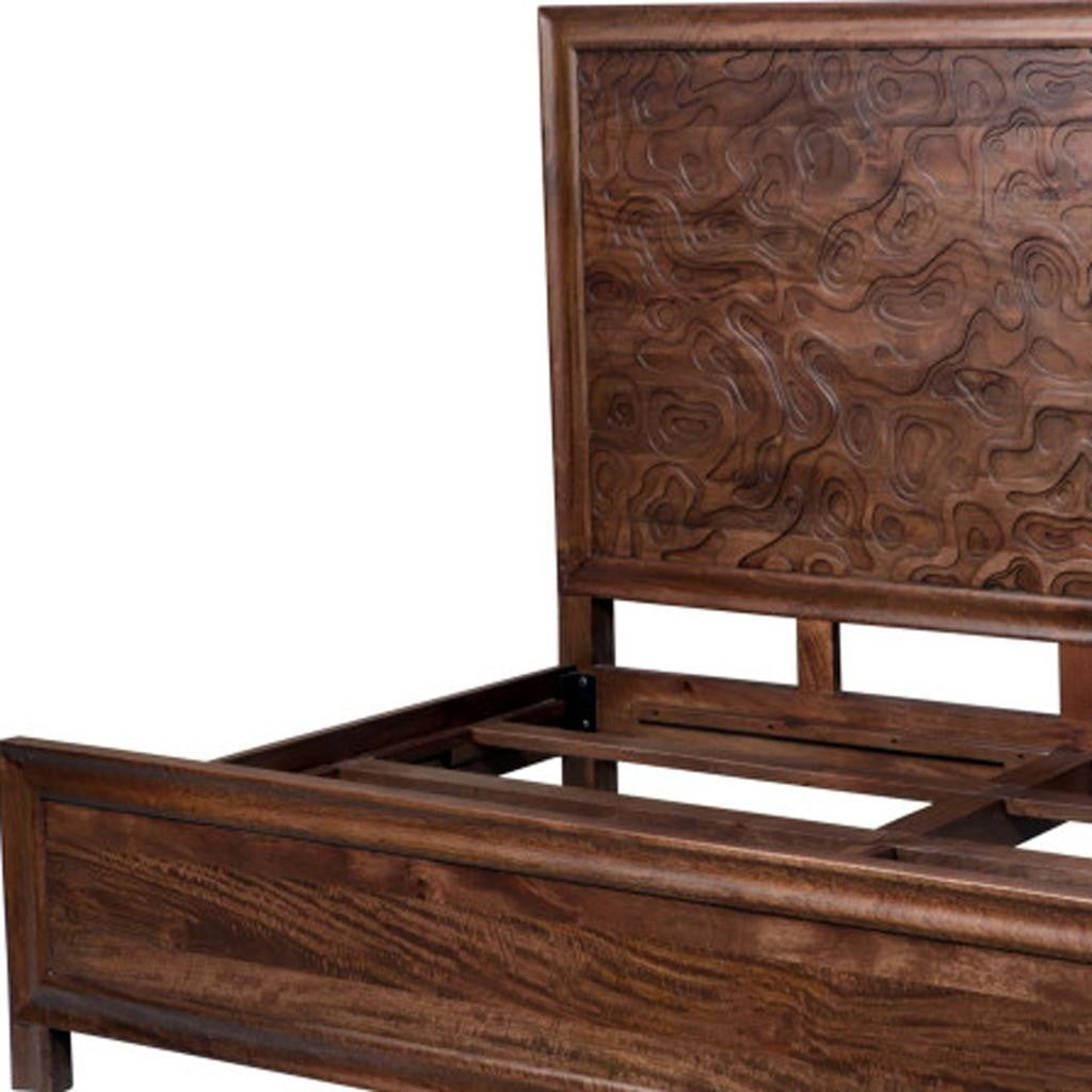Brown Carved Abstract Solid Wood King Bed