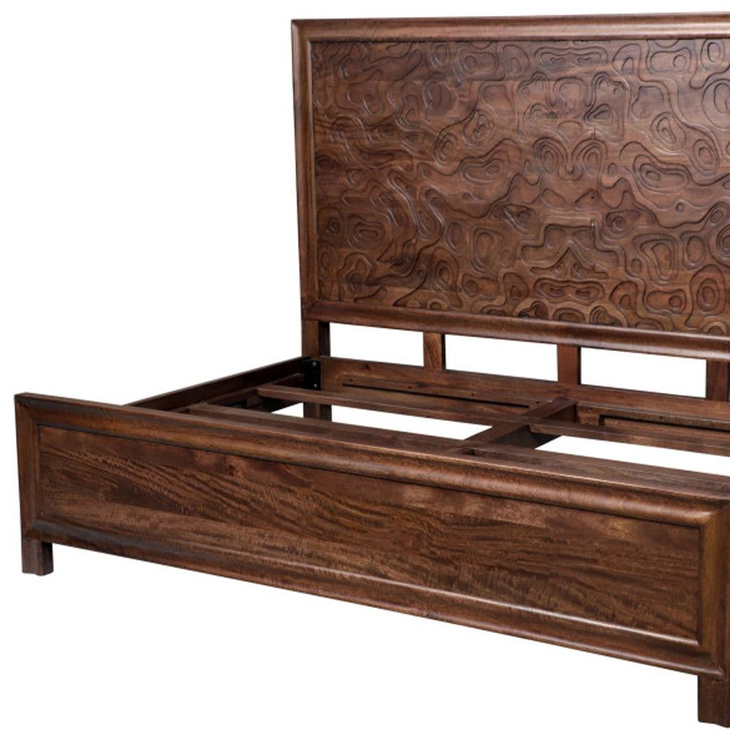Brown Carved Abstract Solid Wood King Bed