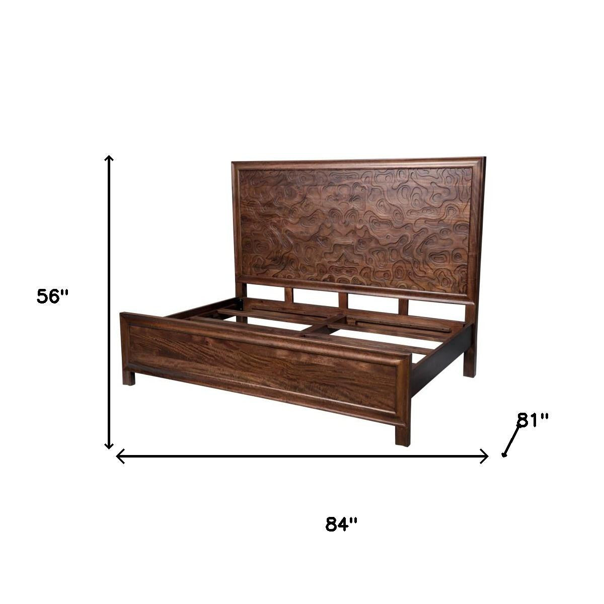 Brown Carved Abstract Solid Wood King Bed