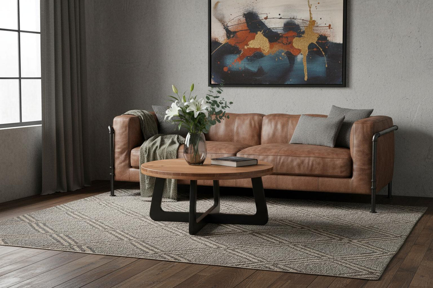 Brown & Black Solid Wood & Iron Round Cross Legs Coffee Table image 1