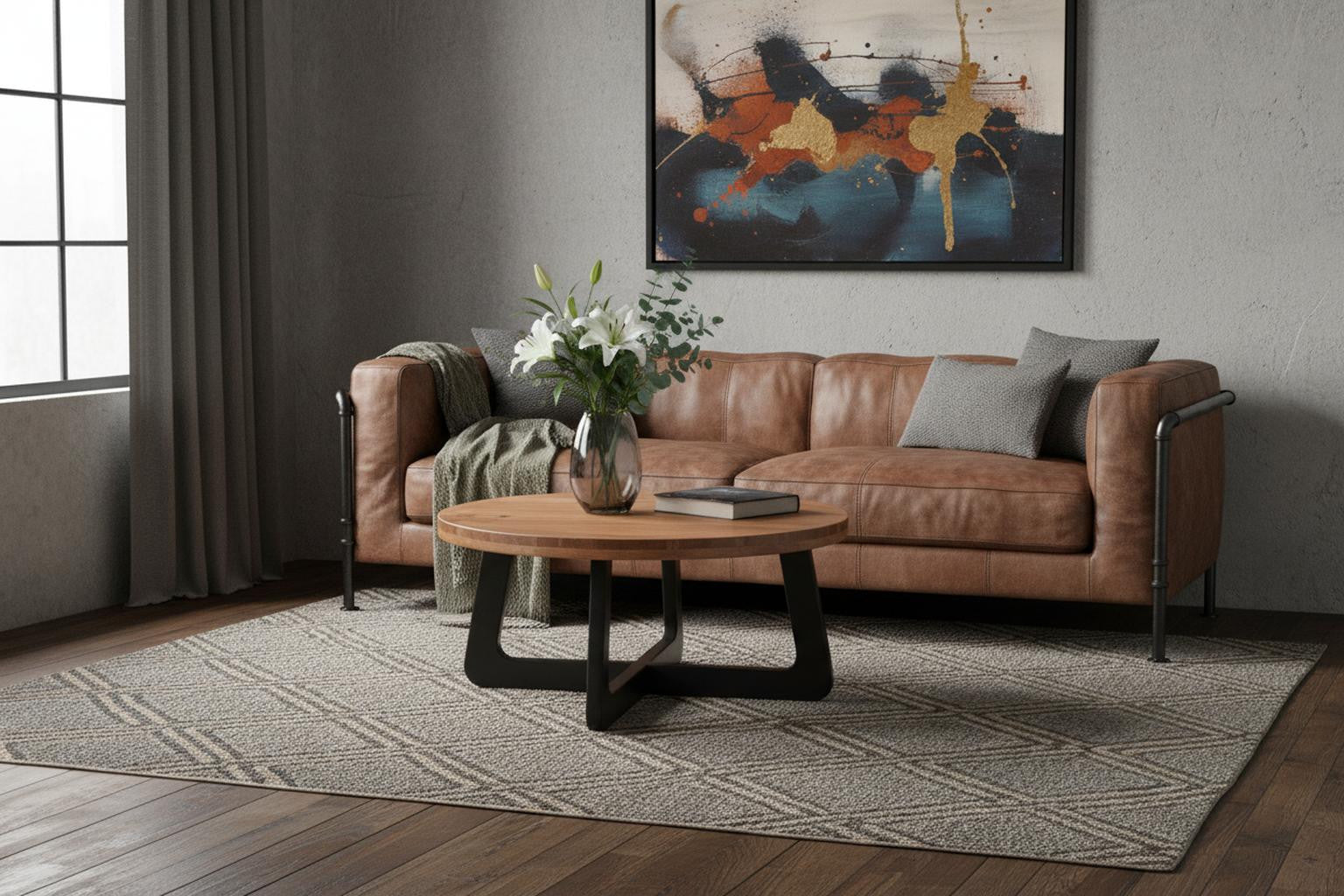 Brown & Black Solid Wood & Iron Round Cross Legs Coffee Table image 1