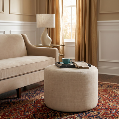 Anderson 16" Plush Round Ottoman in Cream Chenille fabric - Enhanced