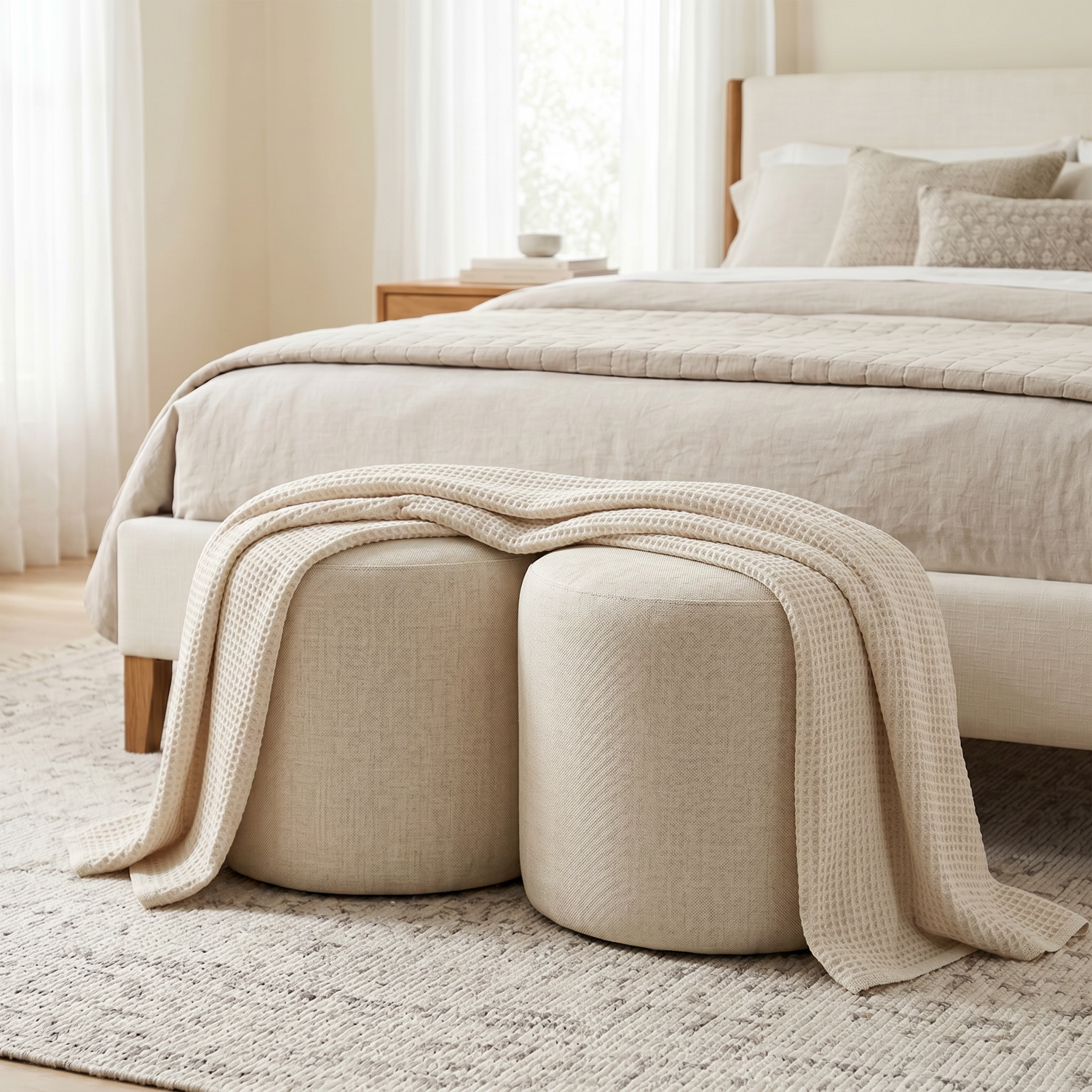 Anderson 16" Plush Round Ottoman in Cream Chenille fabric - Enhanced