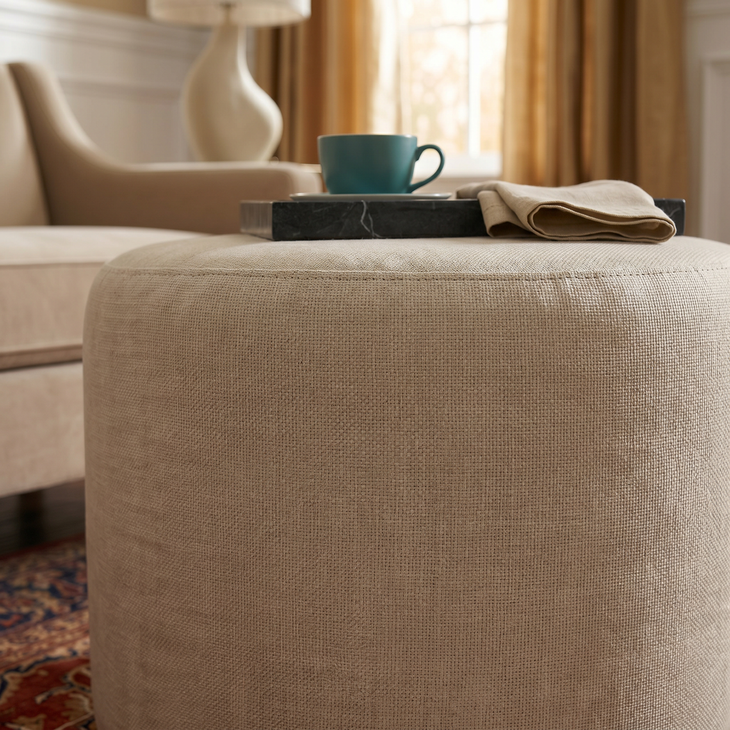 Anderson 16" Plush Round Ottoman in Cream Chenille fabric - Enhanced