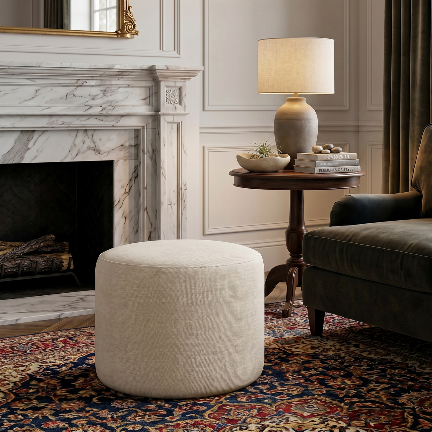 Anderson 16" Plush Round Ottoman in Cream Chenille fabric - Enhanced