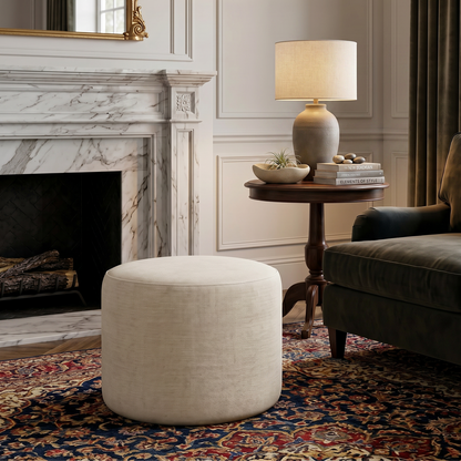 Anderson 16" Plush Round Ottoman in Cream Chenille fabric - Enhanced