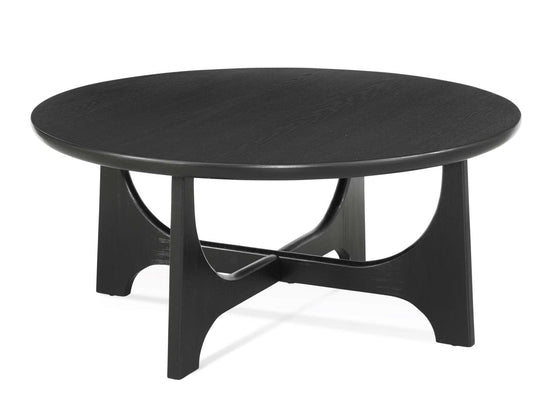 Dunnigan 18" Round Coffee Table with Flat Cut Oak Wood in Matte Black Finish - Angle