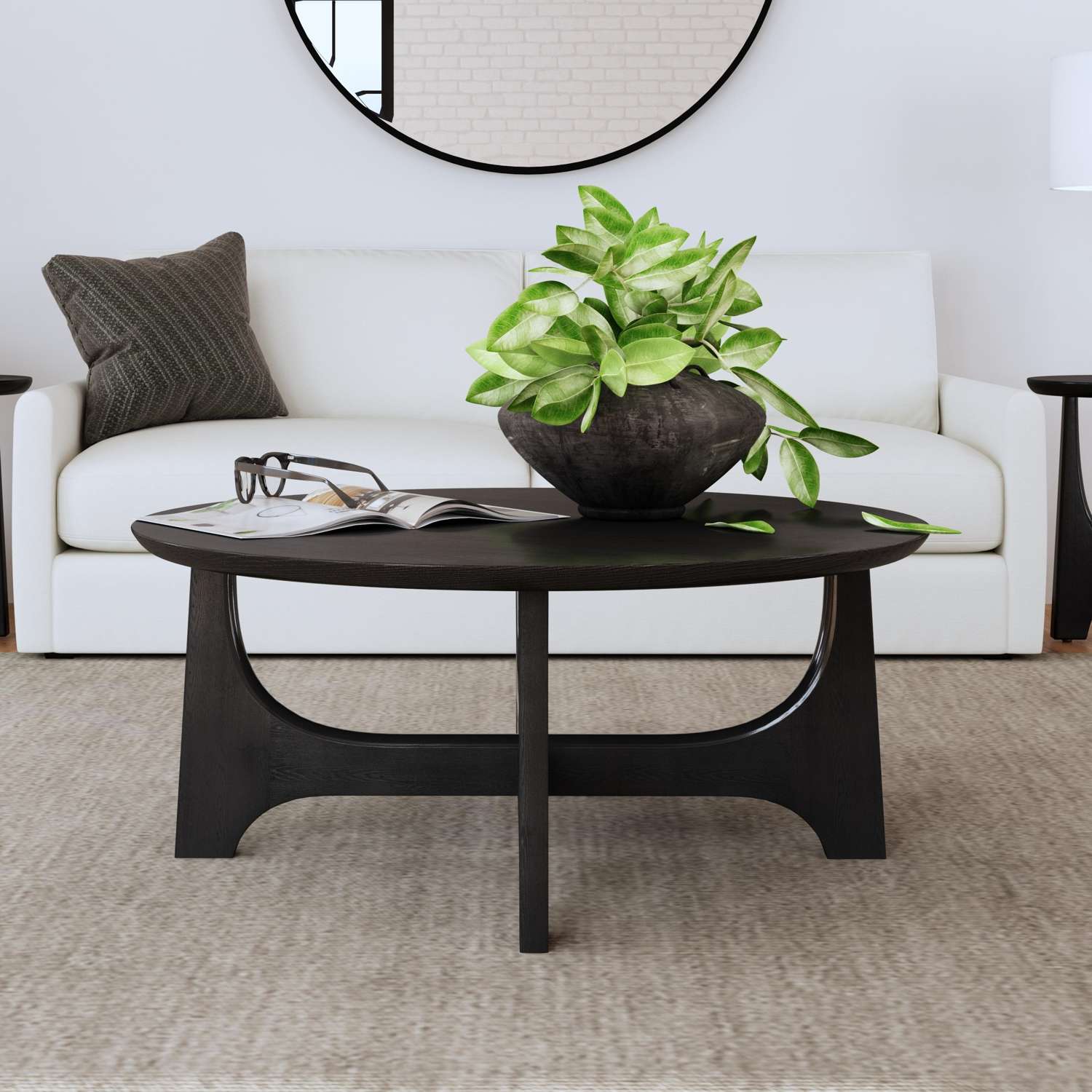 Dunnigan 18" Round Coffee Table with Flat Cut Oak Wood in Matte Black Finish - Room Scene