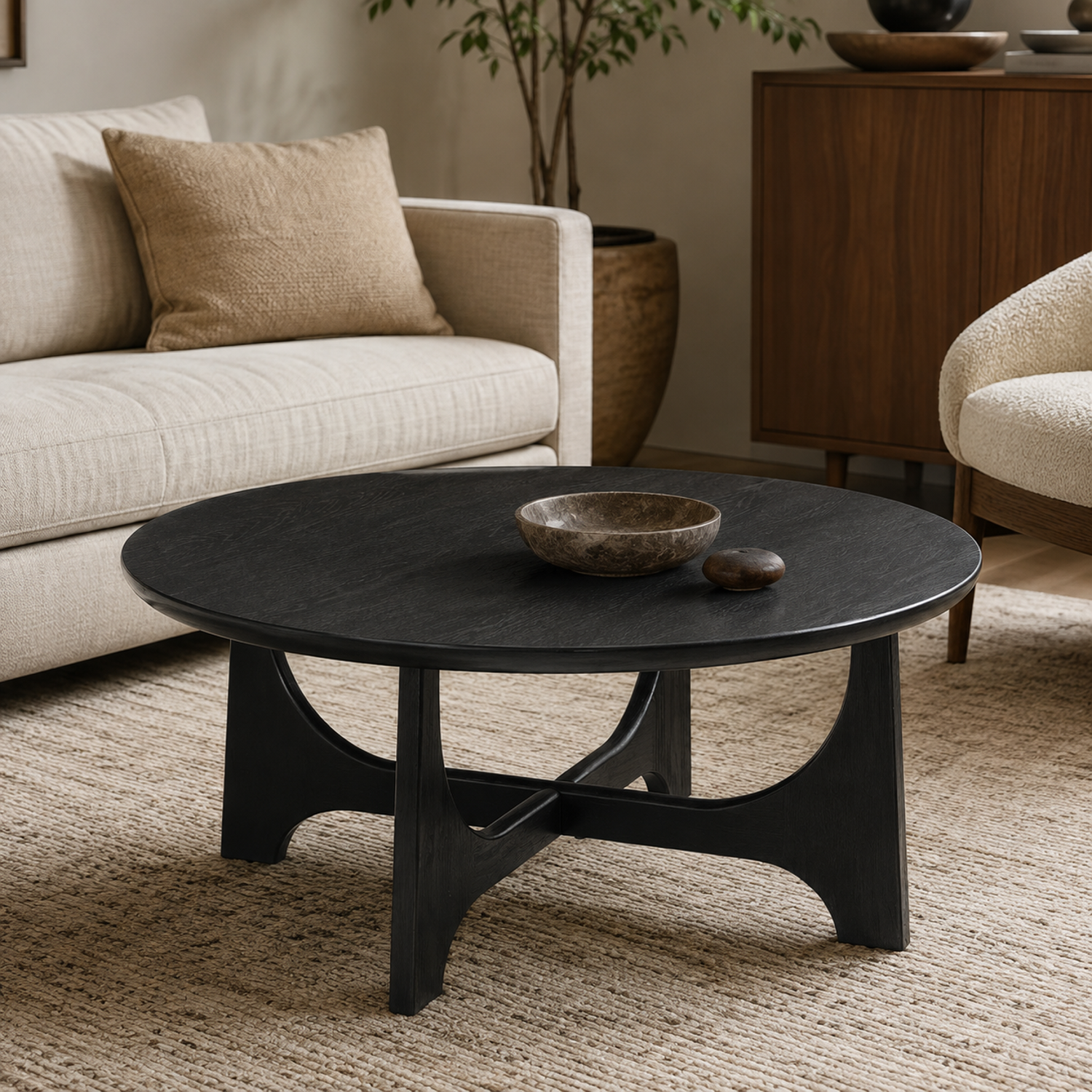 Dunnigan 18" Round Coffee Table with Flat Cut Oak Wood in Matte Black Finish - Main