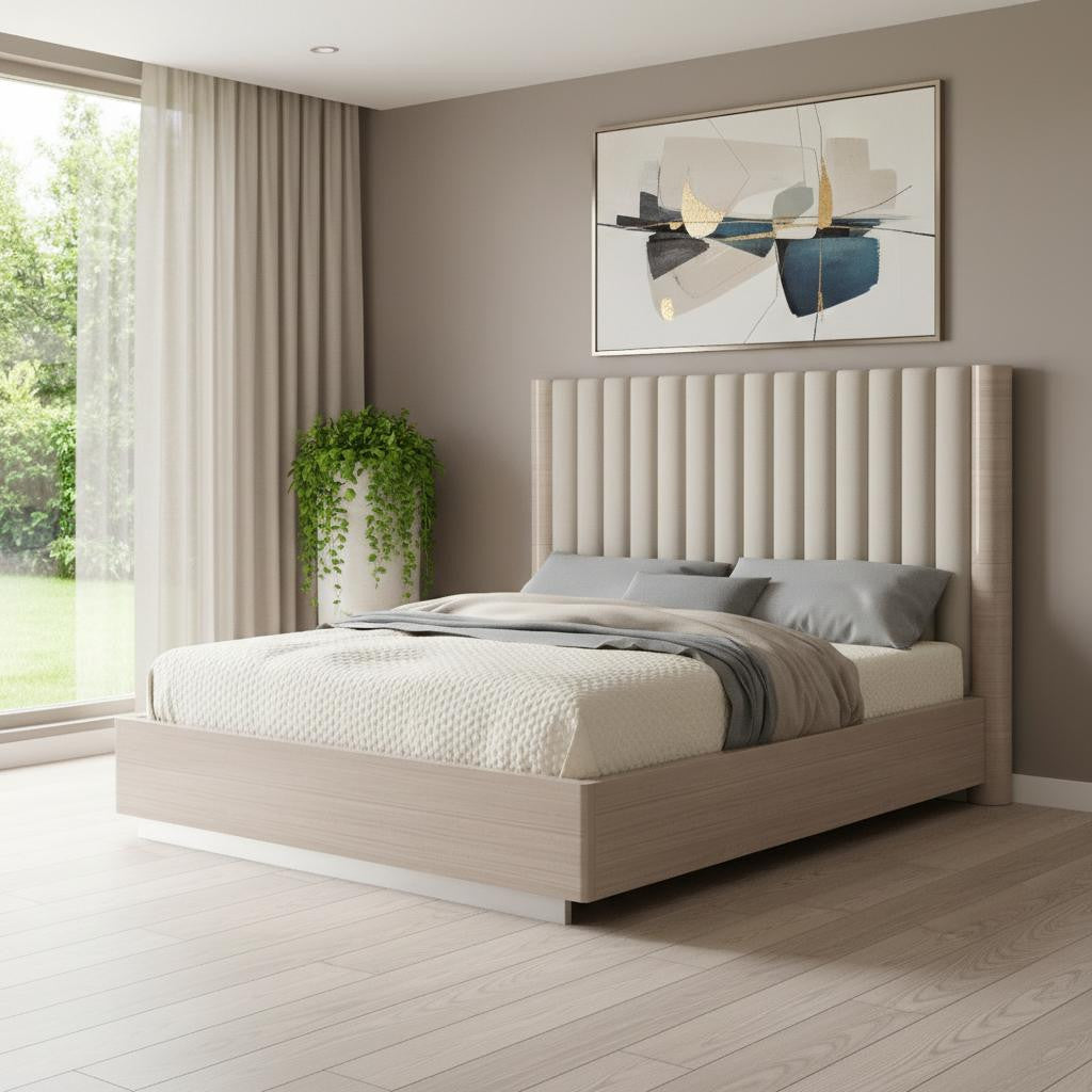 Beige Ribbed Texture Wood & Tufted Linen Blend Upholstered Queen Bed