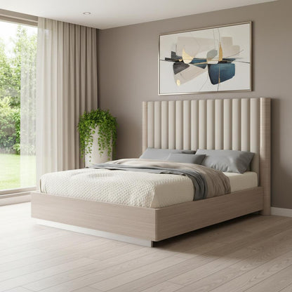 Beige Ribbed Texture Wood & Tufted Linen Blend Upholstered Queen Bed
