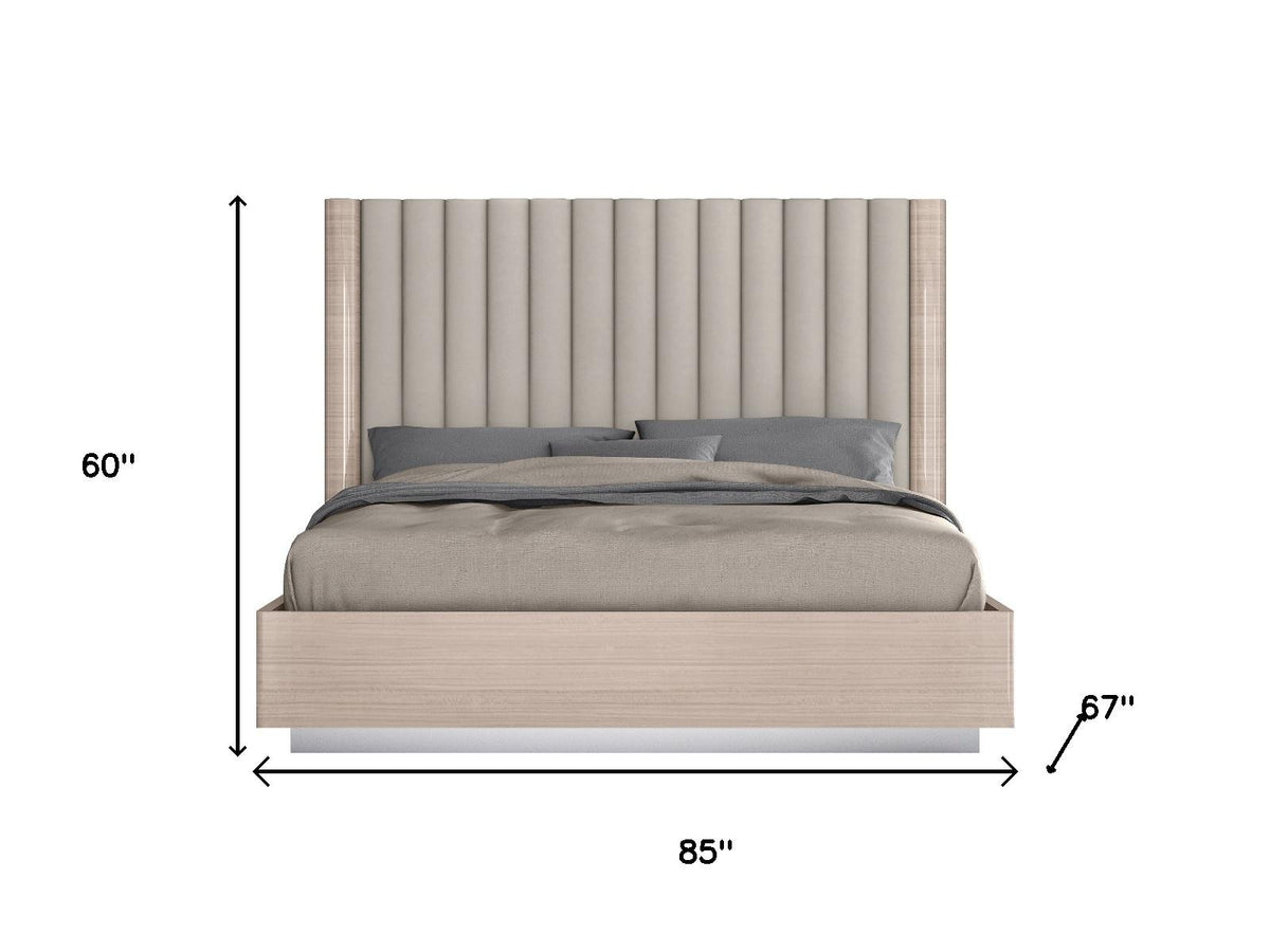 Beige Ribbed Texture Wood & Tufted Linen Blend Upholstered Queen Bed