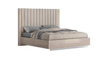 Beige Ribbed Texture Wood & Tufted Linen Blend Upholstered Queen Bed