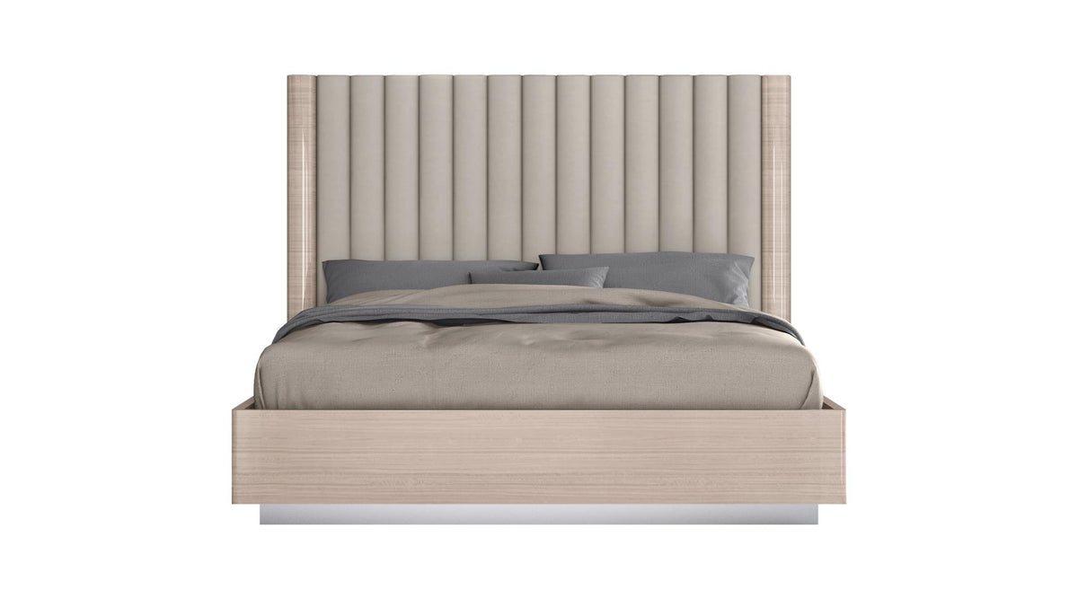 Beige Ribbed Texture Wood & Tufted Linen Blend Upholstered Queen Bed