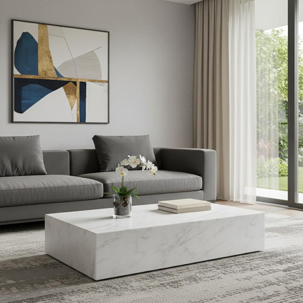 White Genuine Marble Block Coffee Table image 1
