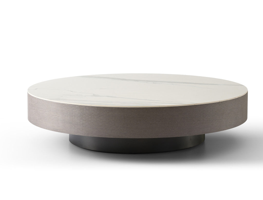 White & Gray Ceramic Tile & Wood Round Pedestal Coffee Table image 2